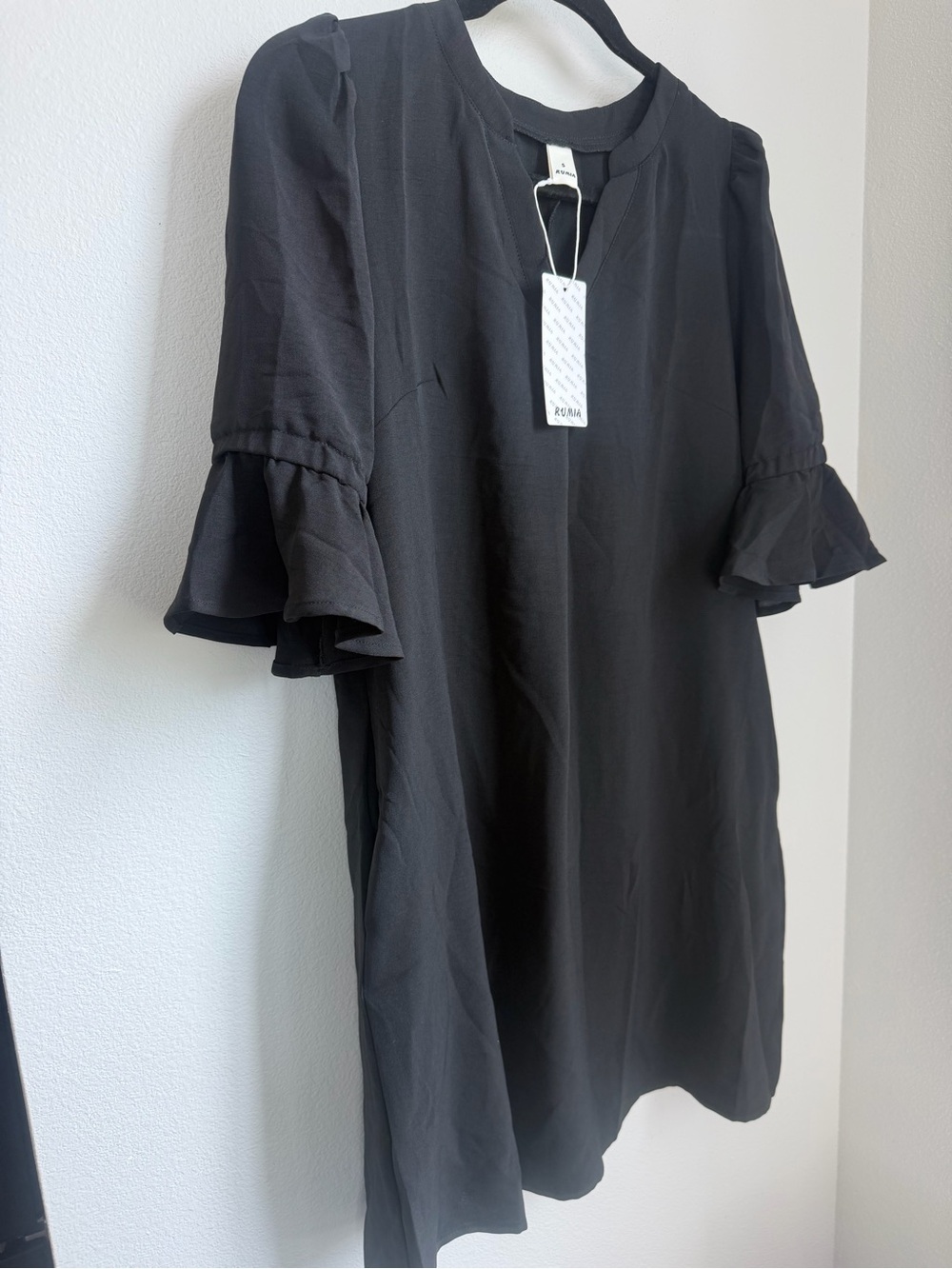 Black Ruffle Sleeve Mini Dress w Pockets